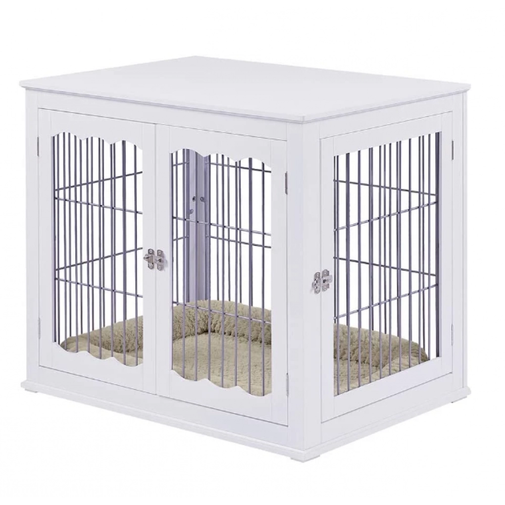 Wooden Wire Pet Kennels with Double Doors Dog House Furniture Style Dog Crate End Table with Cushion